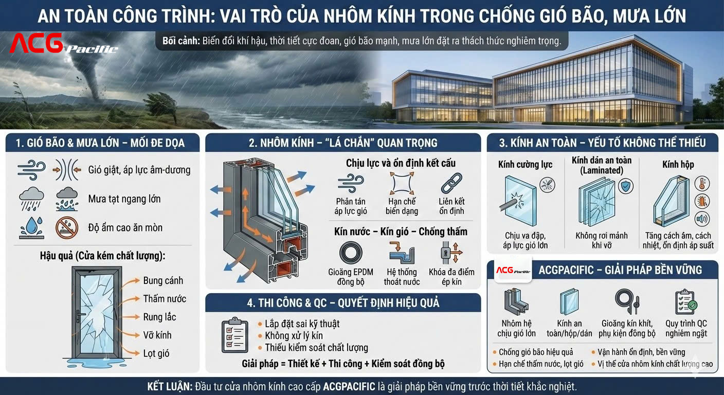 An toàn công trình: Vai trò của nhôm kính trong chống gió bão, mưa lớn