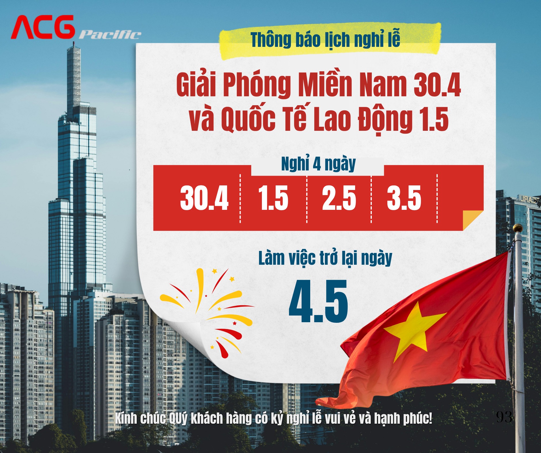 Thông báo nghỉ lễ 30/4 - 1/5 | Lịch nghỉ & làm việc của ACGPACIFIC 2026